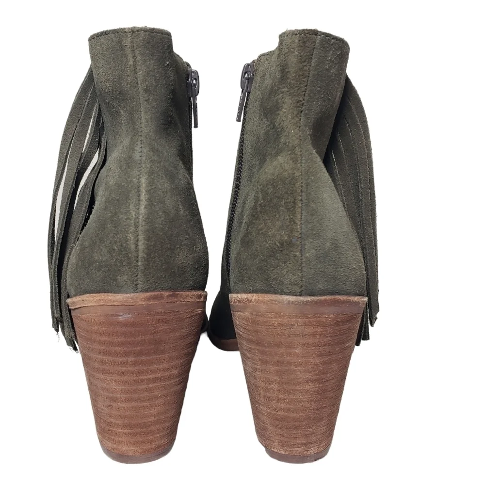 Rowen Olive Green Suede Fringe Chunky Heel Bootie Sz 6